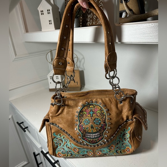 P&G Collection Sugar Skull Concealed Carry Purse Western Tooled Shoulder Bag - Picture 7 of 8